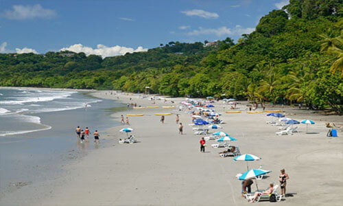 Picture of beautiful beach in Costa Rica.  The picture shows  a dense tree line and several people on the beach and in the surf.